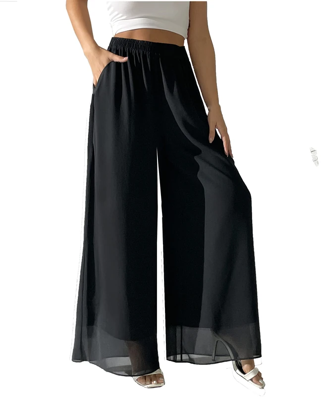 heipeiwa Women's Chiffon Dress Beach Wide Leg Palazzo Pants Elastic Waist Trouser, Chiffon Black, XL