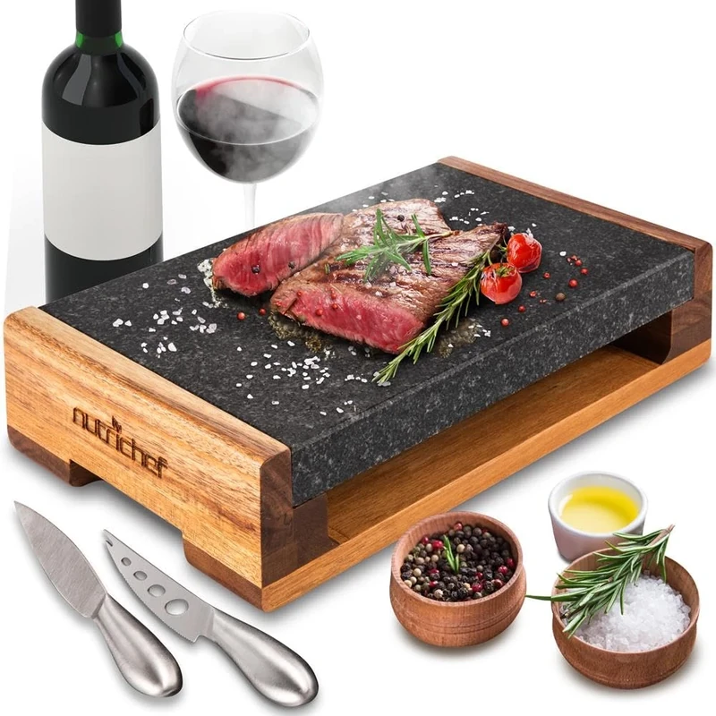 Nutrichef Steak Stone, Grill Hot Stone Cooking Set,Hot Lava Rock Sizzling Plate for Steak BBQ with Stainless Steel Knives and Acacia Wood Serving Base, Cooks and Retains Heat and Flavor