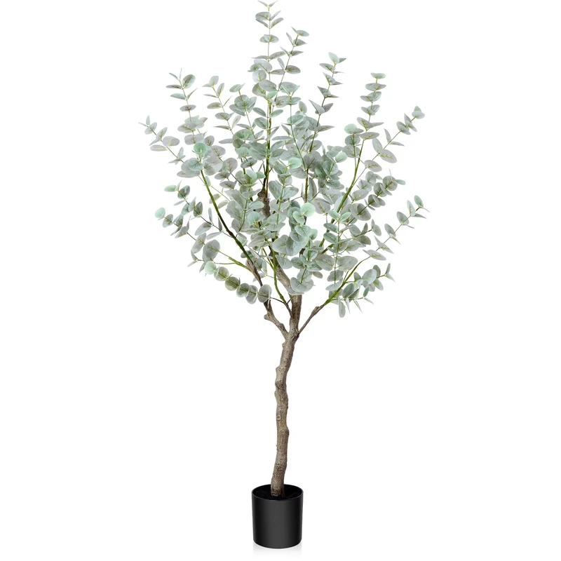SOGUYI 120cm Artificial Eucalyptus Tree, Fake Tree with White Silver Dollar Leaves, Silk Faux Plastic Nursery Pot, Plants for Home Office Indoor Decor,1 Pack