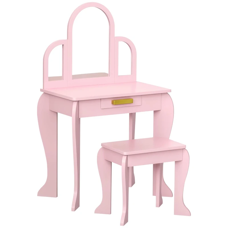HOMCOM Kids Dressing Table and Stool Kids Vanity Set Makeup Desk w/Mirror, Drawer, for Ages 3-6 Years - Pink