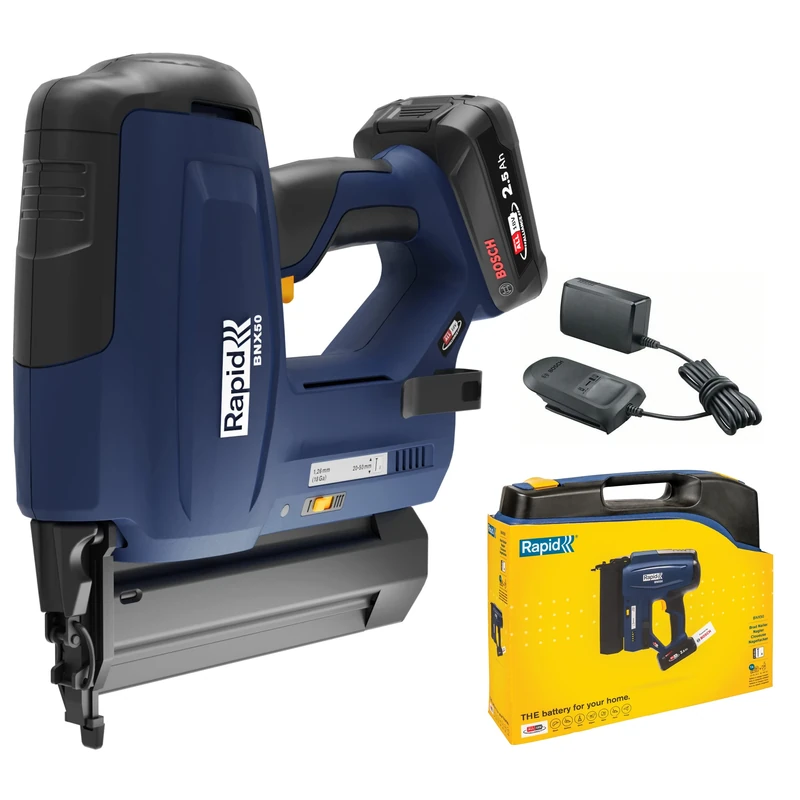 RAPID BNX50 18V Battery-Powered Brad Nailer Kit - Cordless Nail Gun, Adjustable Depth-of-Drive, Single or Bump Fire, Skirting Board and Window Trim, with 2.5Ah Battery, Charger & Case (5001499)