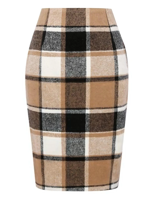 IDEALSANXUN Midi Plaid Skirts for Women 2023 Fall Winter Knee Length Pencil Wool Skirt with Slit, Brown New, L