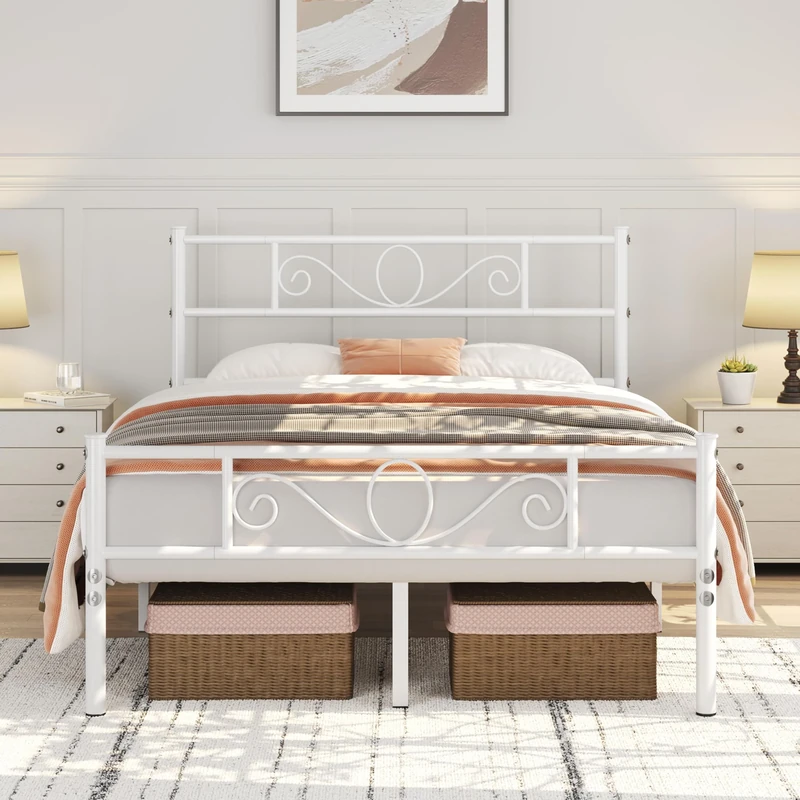 Yaheetech 4ft6 Double Metal Bed Frame Solid Bedstead Base with Headboard and Footboard, Metal Slat Support and Underbed Storage Space, White