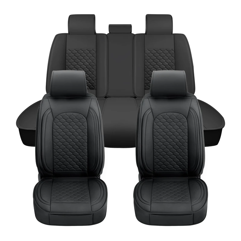 Elantrip Car Seat Cover Full Set Luxury Faux Leather with Diamond Quilted Design, Waterproof, 5mm High Elasticity Foam Suitable for Cars Trucks and Suvs Black