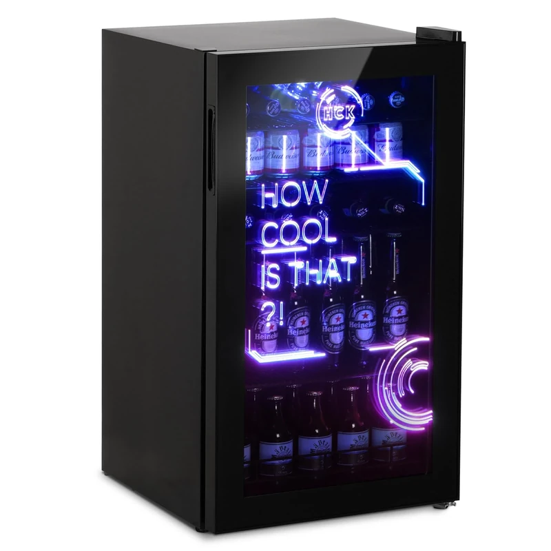 HCK 98L Mini Fridge - Cyberpunk Modern Lighting Beverage & Beer Fridge | 0-10°C Precise Control | Frost-Free Low-E Glass Door | Ideal for Gaming Room, Parties, Bedrooms | Black