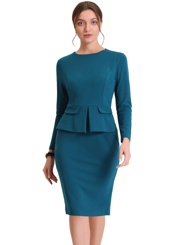 Allegra K Women's Bodycon Dresses Round Neck Long Sleeve Casual Work Outfits Peplum Sheath Dress Lake Blue L