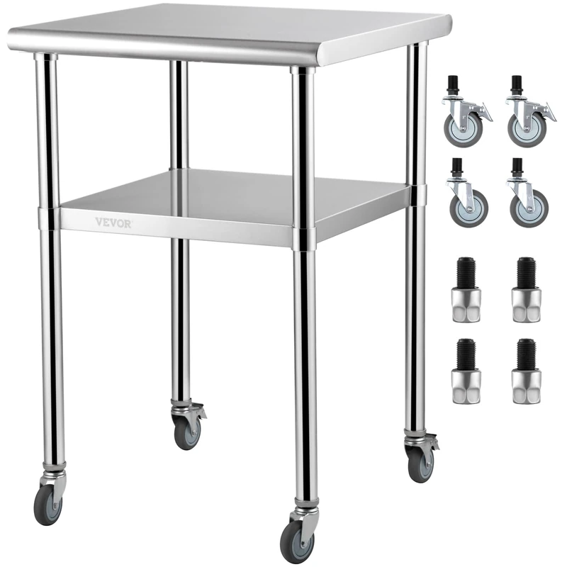VEVOR Stainless Steel Prep Table, 24 x 24 x 36 Inch, 600lbs Load Capacity Heavy Duty Metal Worktable with Adjustable Undershelf & Universal Wheels, Commercial Workstation for Kitchen Garage Backyard - Image 1