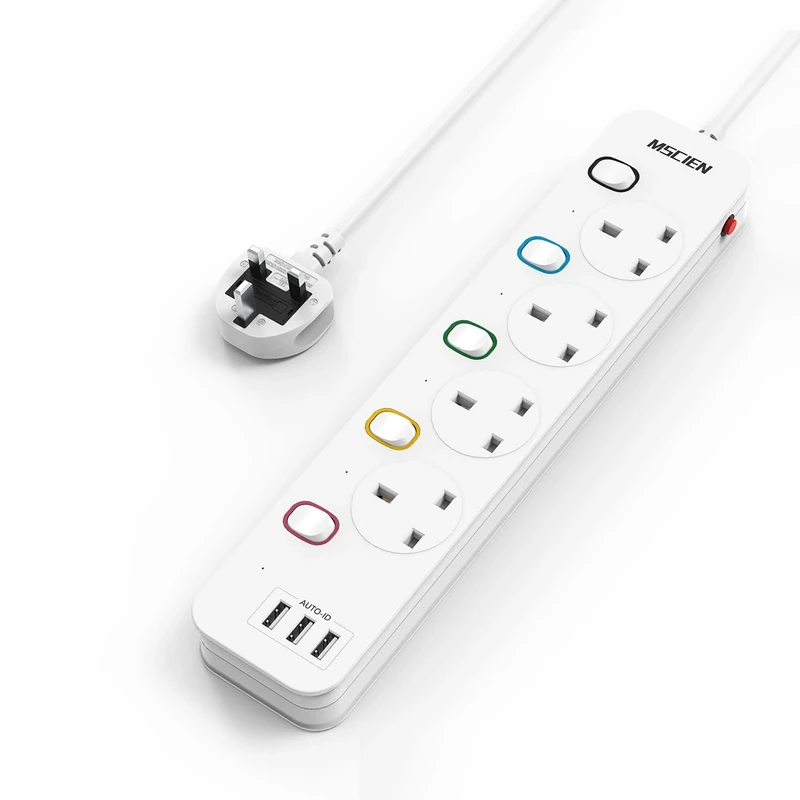 Mscien 5M Extension Lead with USB Slots, 4 Way 3 USB Extension Socket with Individual Switches, Mountable Overload Protection Power Strips, 5 Metre Cable 13A/3250W