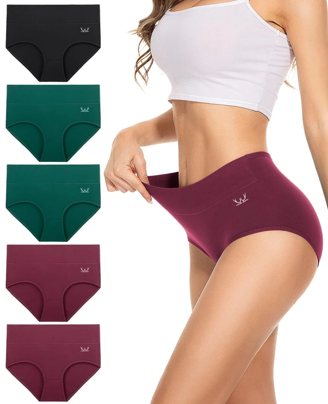 PULIOU Womens Knickers Ladies High Waisted Cotton Underwear Panties Briefs Full Back Coverage Comfy Stretchy Slight Tummy Contorl Multipack of 5