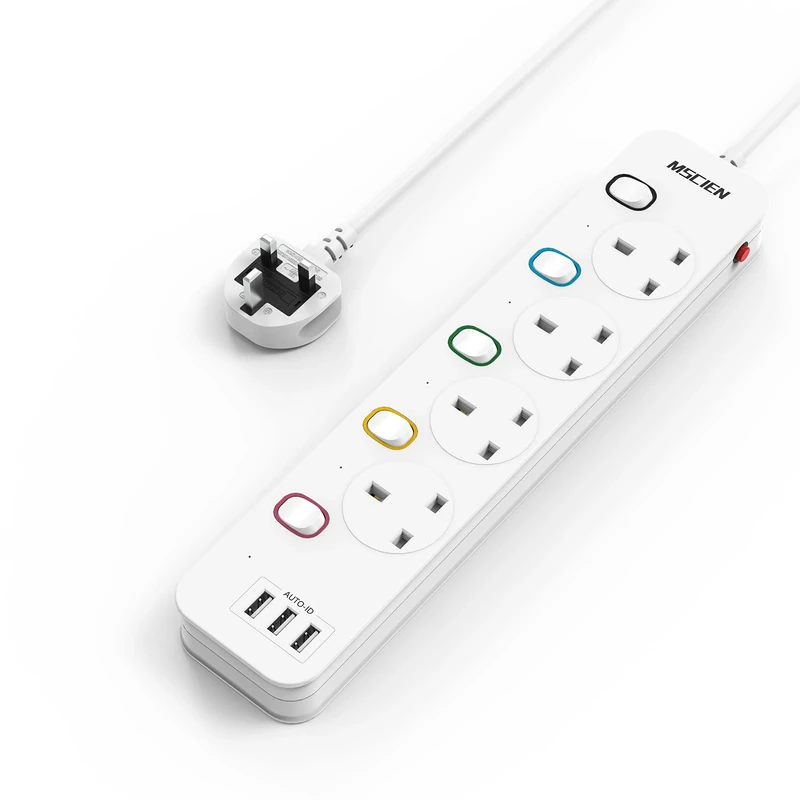 Mscien 3M Extension Lead with USB Slots, 4 Way 3 USB Extension Socket with Individual Switches Mountable Overload Protection Power Strips with 3Metre Extension cable 3250W