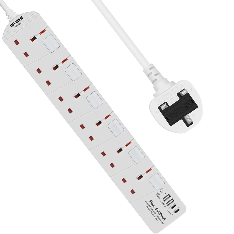 SE UKASE 6-Outlet Lead with USB-A & Type-C, 5V/5A, 2m Cable - 2990W