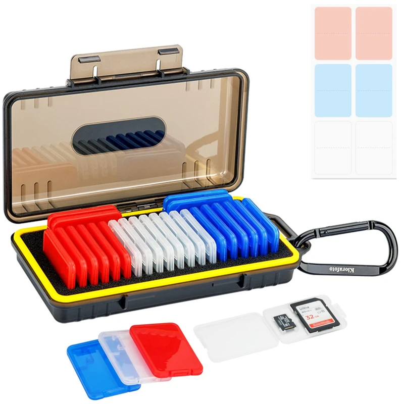 Kiorafoto SD Card Case - 24 Pack, 3 Colors, Clear Plastic, Water-Resistant, Anti-Shock, SD/SDXC/SDHC/TF Card Holder with Labels