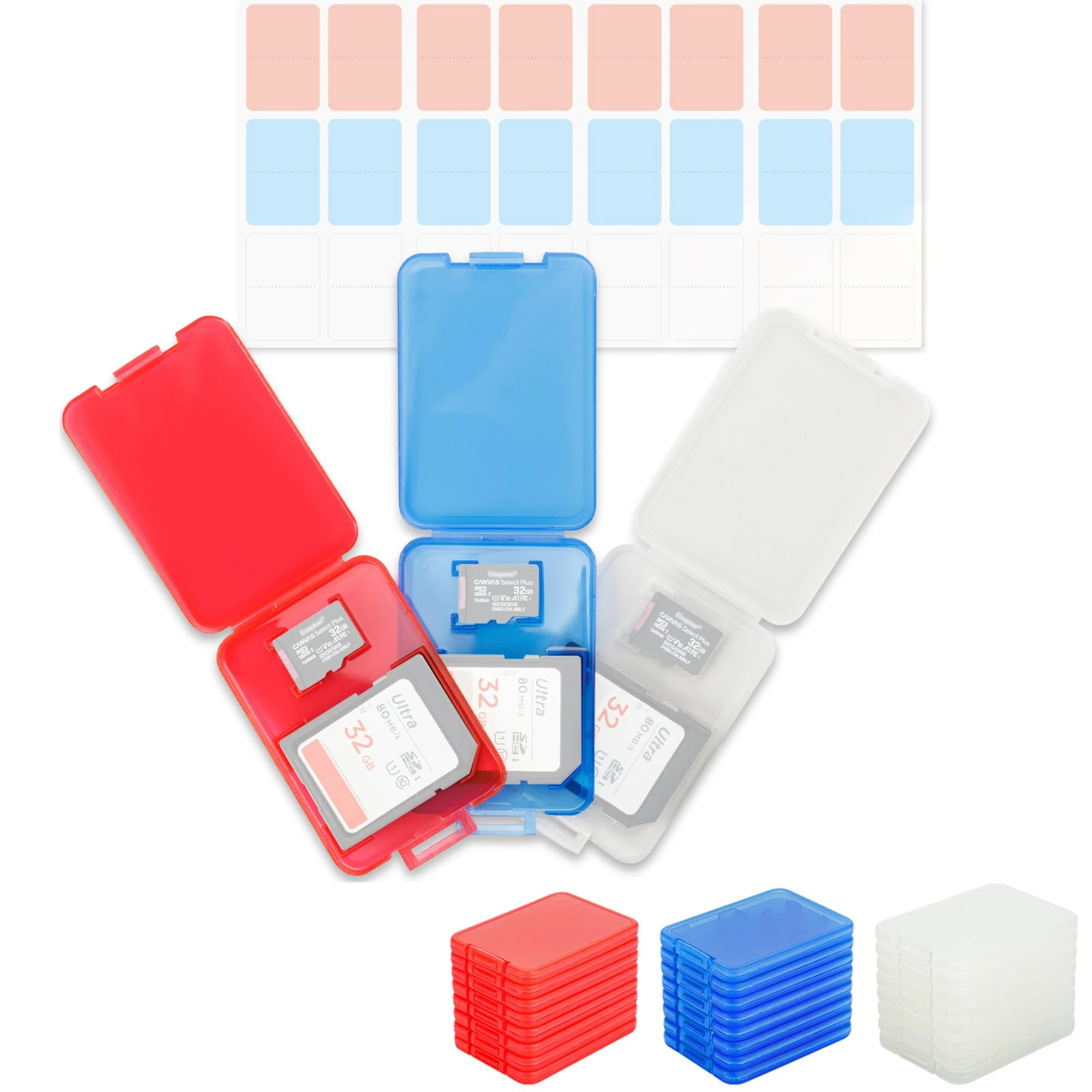 Kiorafoto 24 PCS SD Card Case 3-Color Clear Plastic for 24 SDXC SDHC & 24 Micro SDXC SDHC TF Cards, Transparent SD MSD Memory Card Case Jewelery Box Storage Organizer with Labels