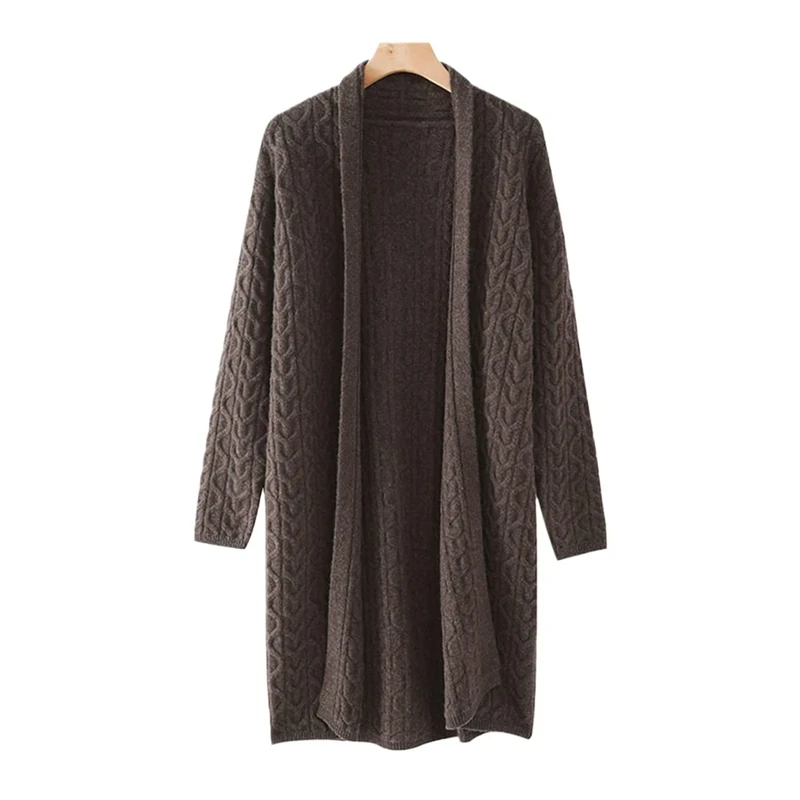 Bciopll Woman 100% Pure Wool Cashmere Sweater V-Neck Long Cardigan Casual Knit Warmth Thick Outwear Brown M