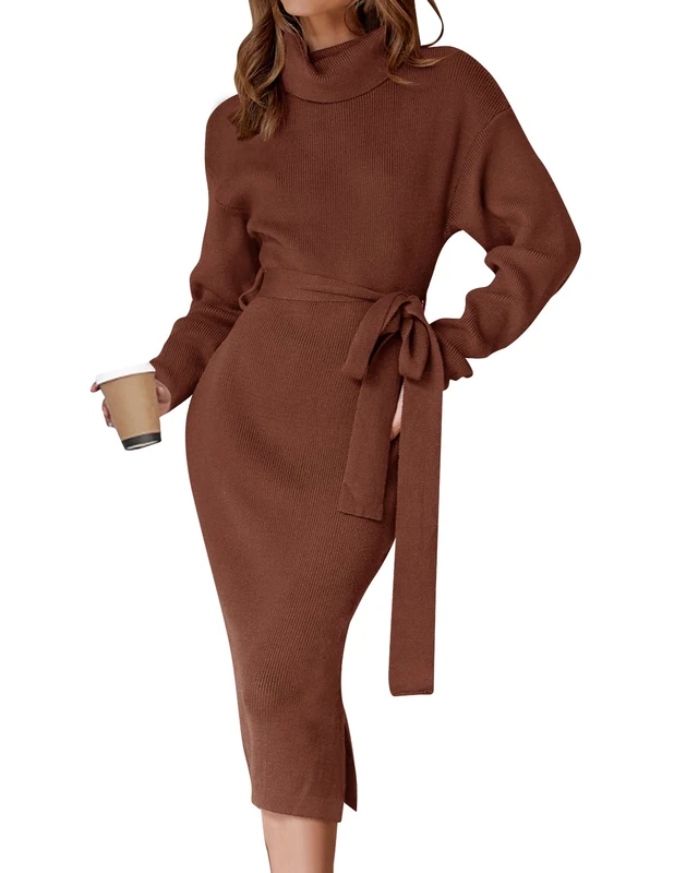 ZESICA Women's Turtleneck Sweater Midi Dress Long Sleeve Ribbed Knit Bodycon Slit Dress with Belt, Coffee, M