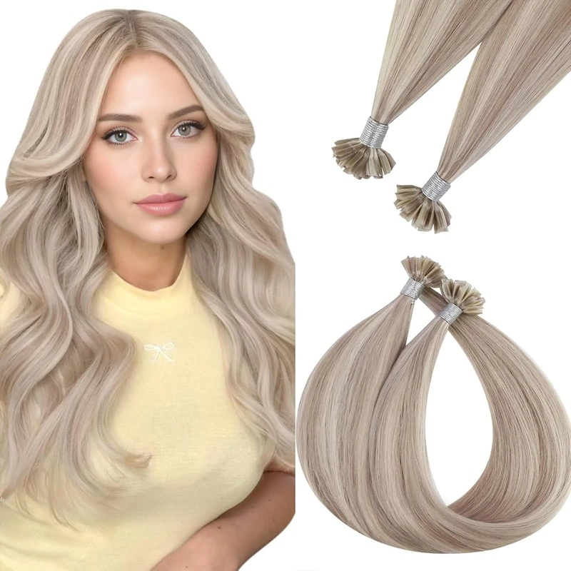 Easyouth Pre Bonded Human Hair Extensions U Tip Human Hair Ash Blonde U Tip Extensions Human Hair Blonde Highlight U Tip Hair Extensions Real Human Hair Blonde 20 Inch 50g/50s