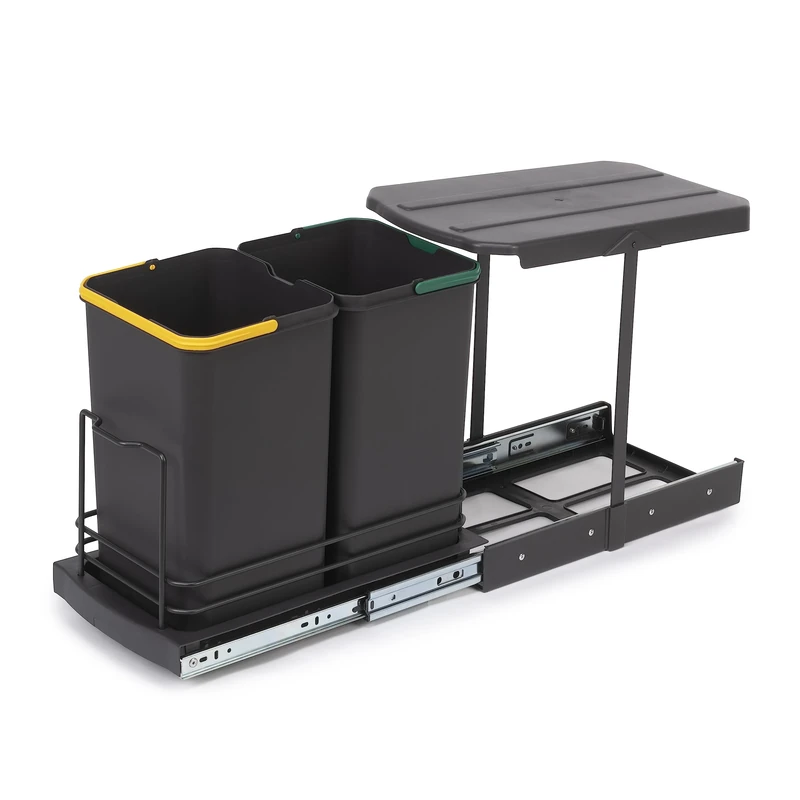 Emuca - Recyclable kitchen waste bin, 2 x 12 L, floor standing and manual/automatic removal, anthracite grey plastic, 1 pc.