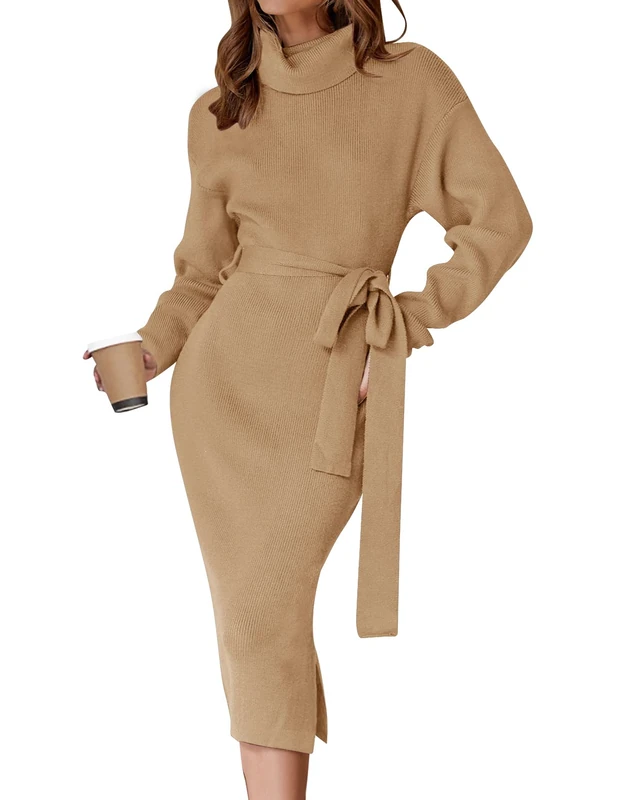 ZESICA Women's Turtleneck Sweater Midi Dress Long Sleeve Ribbed Knit Bodycon Slit Dress with Belt, Camel, S