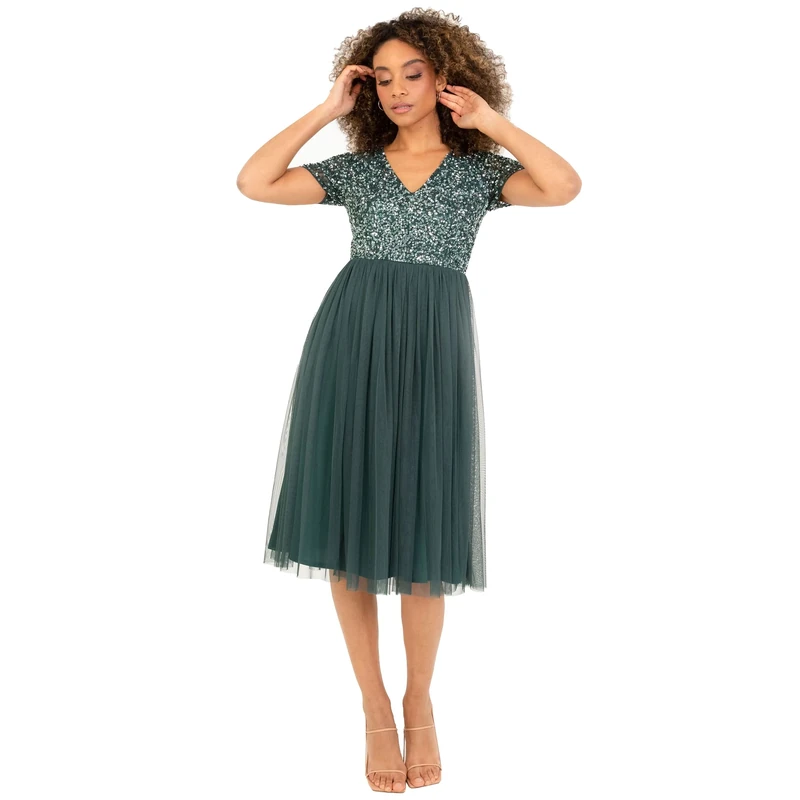 Maya Deluxe Women's Embellished Midi Evening Dress Ladies V Neckline with Short Sleeve for Prom Wedding Bridesmaid, Emerald Green, 26