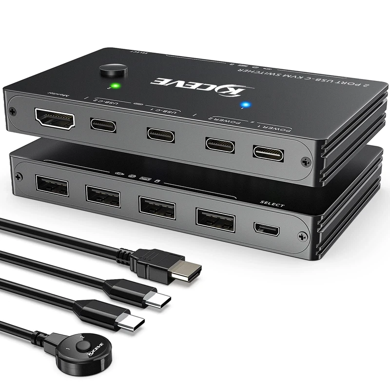 USB-C KVM Switch, 2 Ports KVM Type-C Switcher Box Support 4K@60Hz For 2 Computers Share Keyboard Mouse And Monitor, Suppprt 100W PD Fast Charging