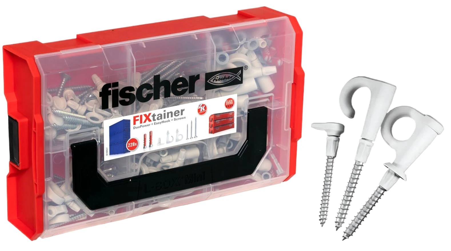 Fischer FixTainer DuoPower + EasyHook + Screw TX, Set of Various Hooks, DuoPower Dowels, Cover Caps and Screws, Flexible Screw Hooks for Mounting in Numerous Building Materials, 228 Pieces