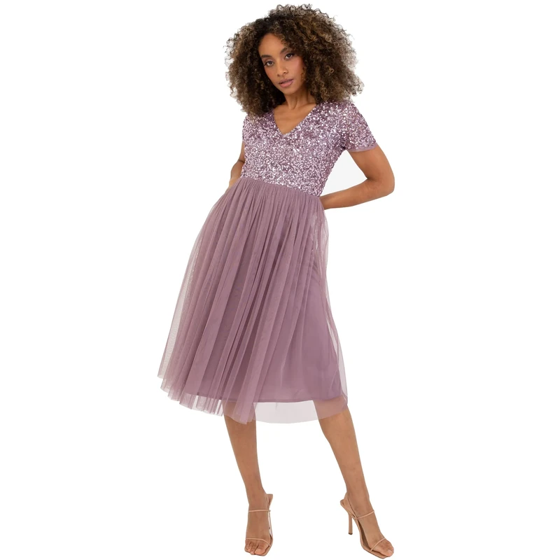 Maya Deluxe Women's Embellished Midi Evening Dress Ladies V Neckline with Short Sleeve for Prom Wedding Bridesmaid, Moody Lilac, 6