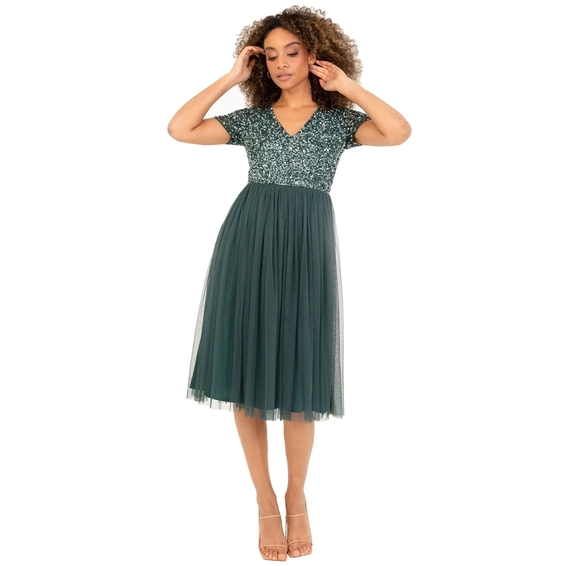 Maya Deluxe Women's Embellished Midi Evening Dress Ladies V Neckline with Short Sleeve for Prom Wedding Bridesmaid, Emerald Green, 18