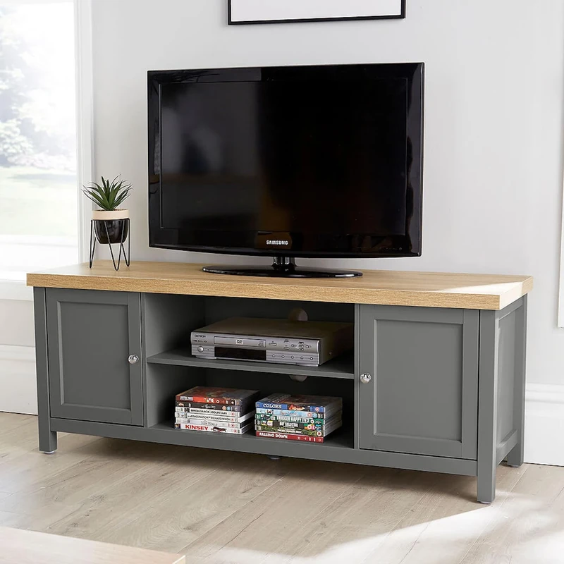 Home Source TV Stand Media Cabinet, Television Entertainment Unit, Oak Effect, Dark Grey, 130cm