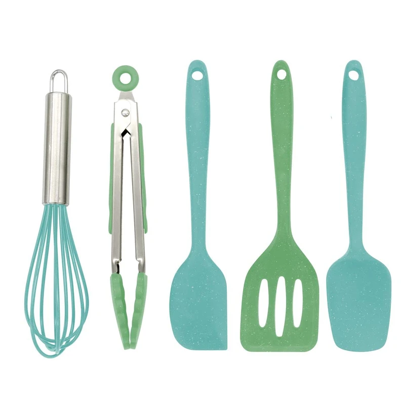 Fackelmann 44737 Children's Cooking and Baking Utensils Set, Silicone Kitchen Utensils, Kids' Utensils, Silicone, Green, Blue, Approx. 21 cm
