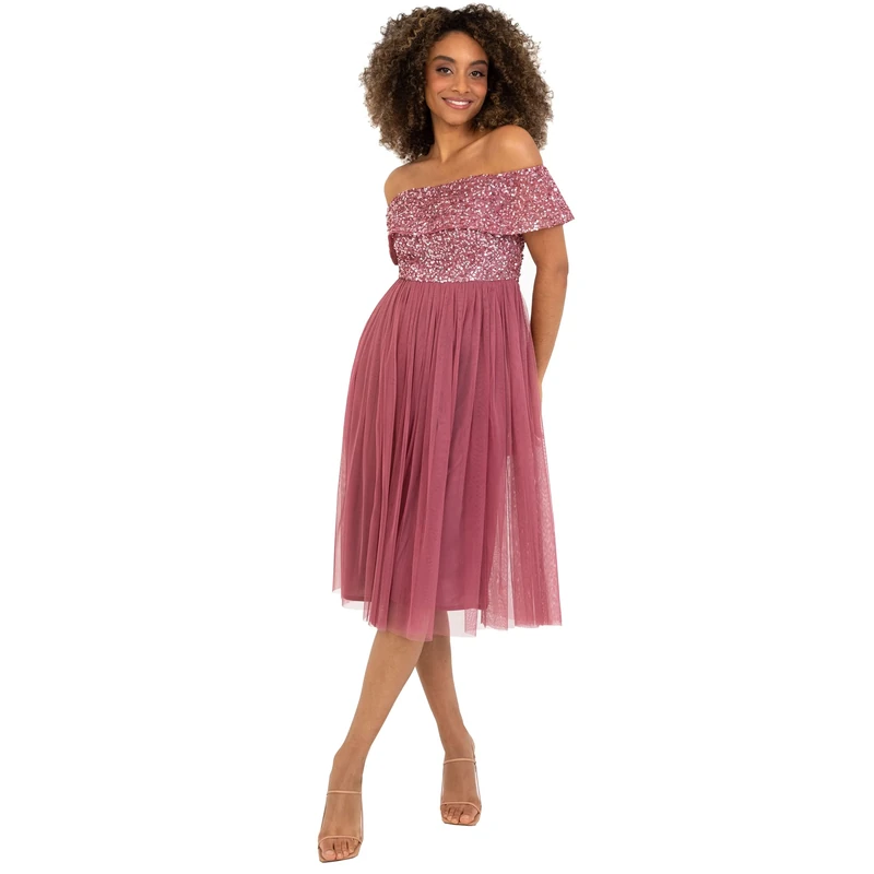 Maya Deluxe Women's Ladies Bardot Dresses Midi High Empire Waist Sequins Embellished Formal Evening for Wedding Guest Bridesmaid, Desert Rose, 8