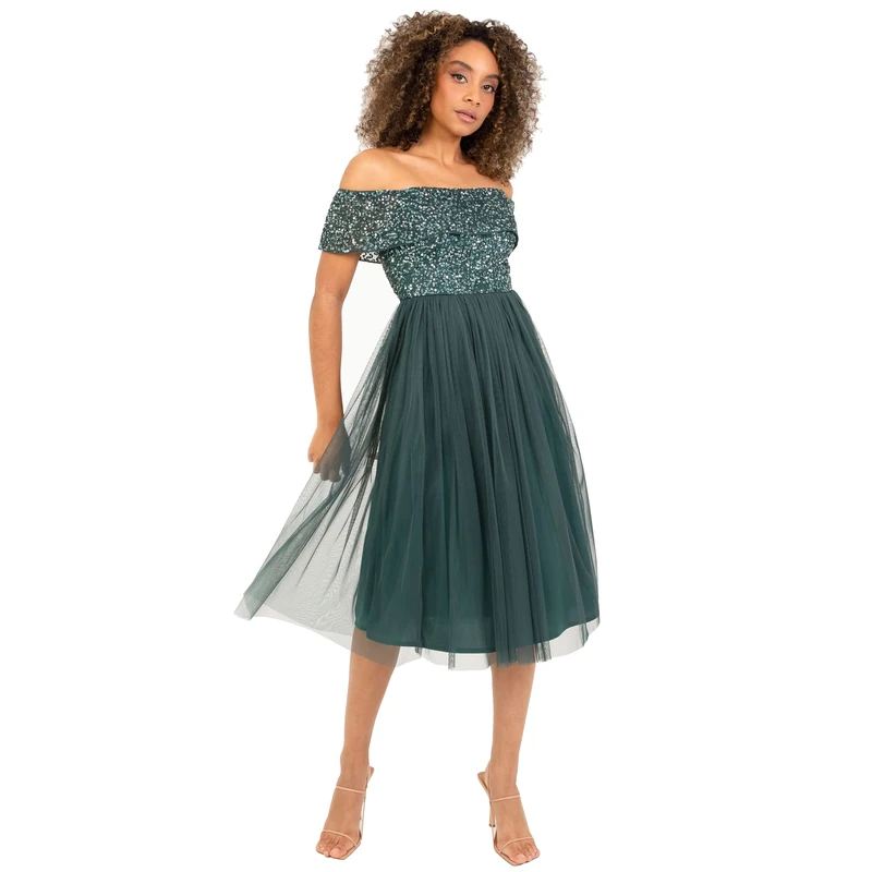 Maya Deluxe Women's Ladies Bardot Dresses Midi High Empire Waist Sequins Embellished Formal Evening for Wedding Guest Bridesmaid, Emerald Green, 8