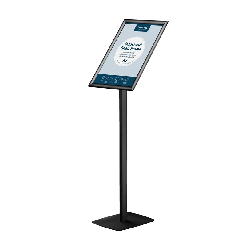 EUROPEL Infostand with Snap Frame made of anodized Aluminum, A3, Black, Height 110 cm, Portrait or Landscape format, for Posters and Signs, Advertising, Menus, Shops, Hotels, Restaurants, Conferences