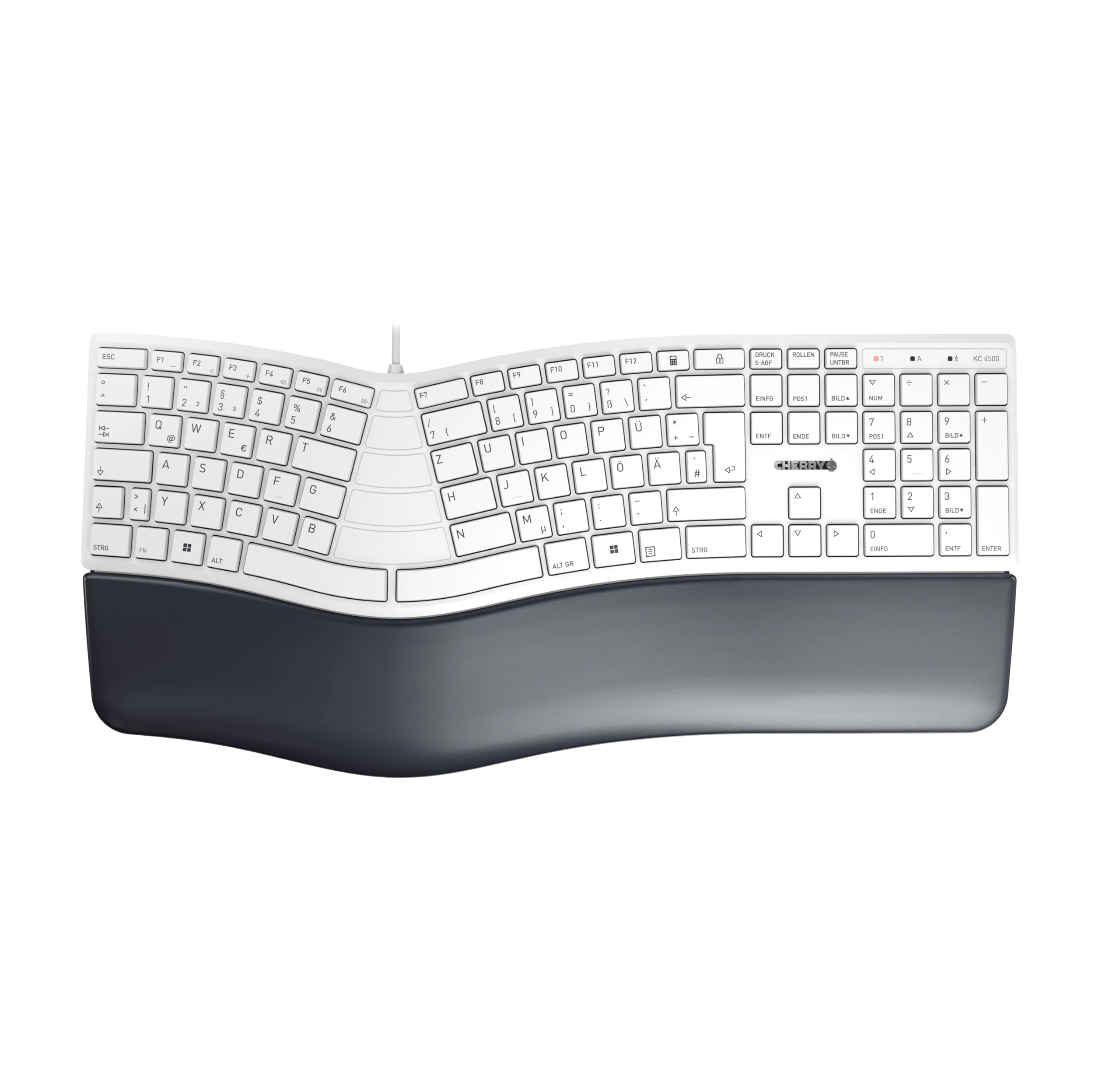 CHERRY KC 4500 ERGO, Ergonomic Keyboards, German Layout (QWERTZ), Wired, Padded Palm Rest with Memory Foam, Curved Keypad, White-Grey