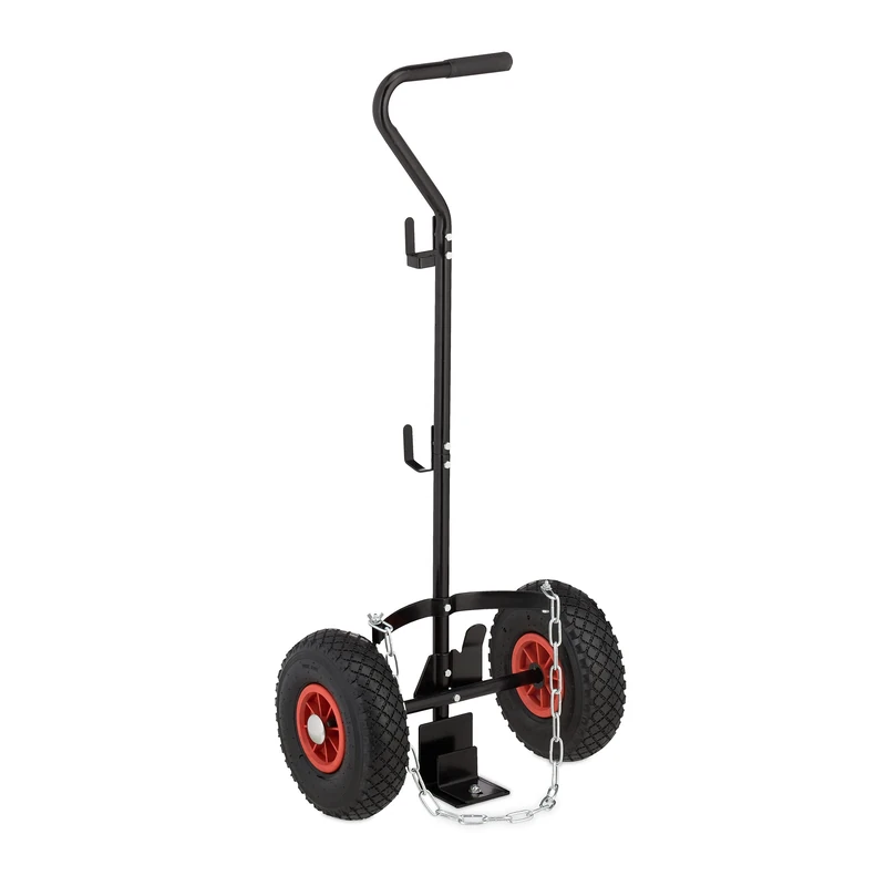 Relaxdays Gas Bottle Trolley, for 3 & 5 kg Canisters, Pneumatic Tyres, Steel, Warehouse Transport Cart, Safe, Black/Red, 100 x 44 x 25 cm