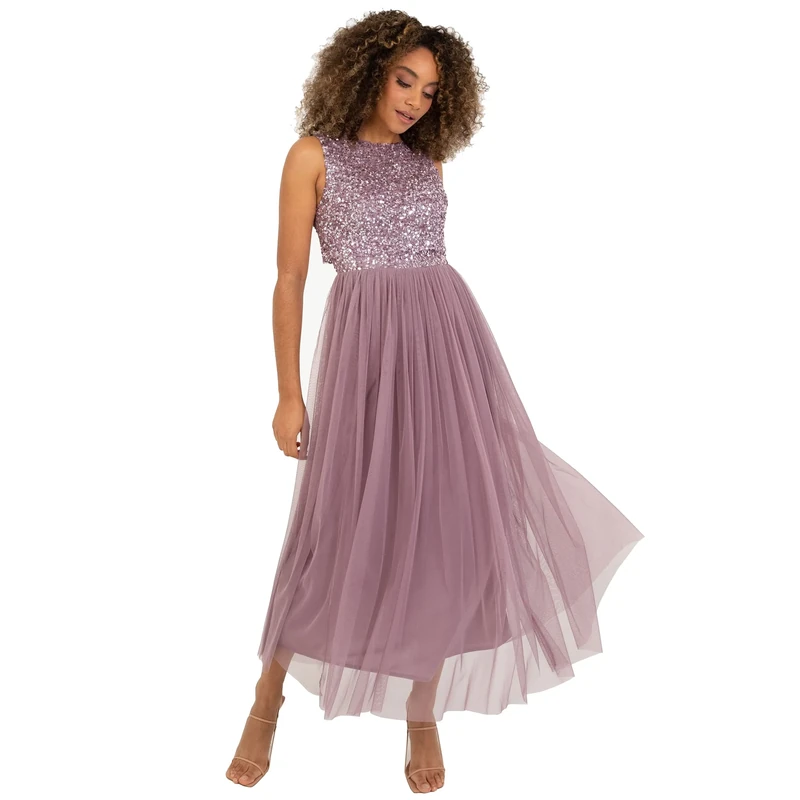 Maya Deluxe Midaxi Dress for Women Ladies Sleeveless Sequins High Empire Waist Tulle Embellished for Wedding Guest Bridesmaid Prom Ball Moody Lilac Size 12