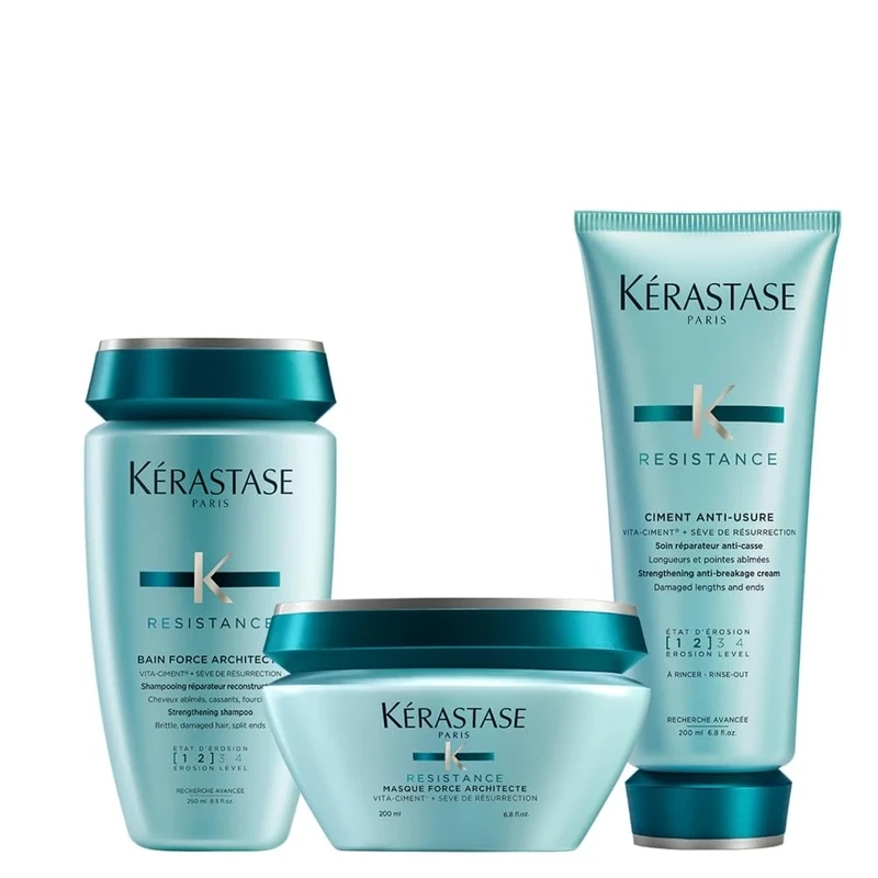 Kérastase Resistance, 3-Step Routine for Damaged Hair, Contains Strengthening Shampoo, Hair Mask & Heat Protecting Milk
