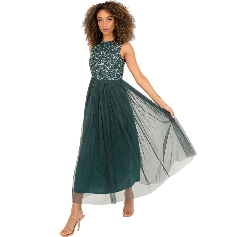 Maya Deluxe Midaxi Dress Women Ladies Sleeveless Sequins High Empire Waist Tulle Embellished for Wedding Guest Ball Dress for Bridesmaid Woman, Emerald Green, 16