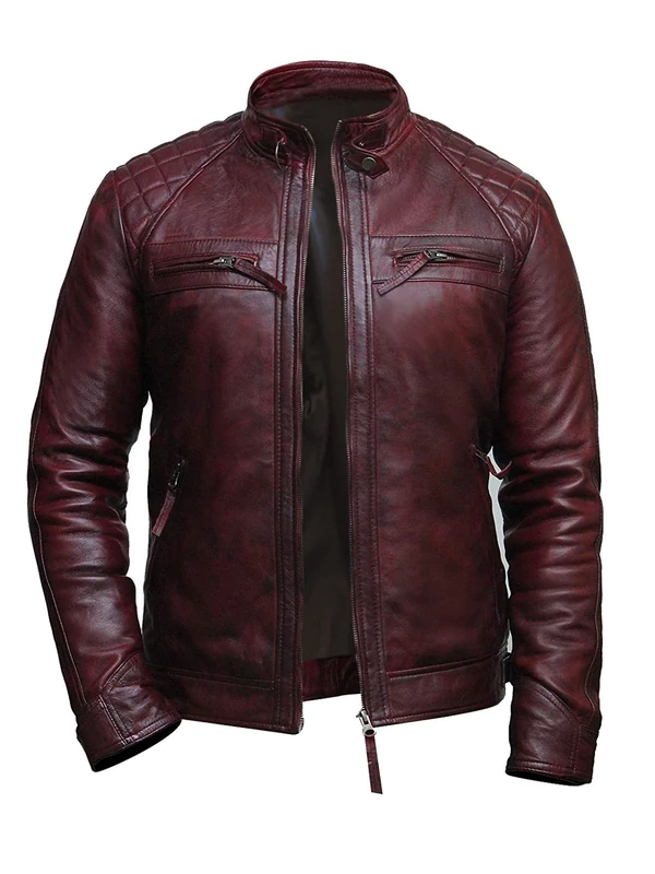 Fashion_First Mens Burgundy Leather Jacket Vintage Cafe Racer Motorcycle Leather Jacket Quilted Biker Jacket Men