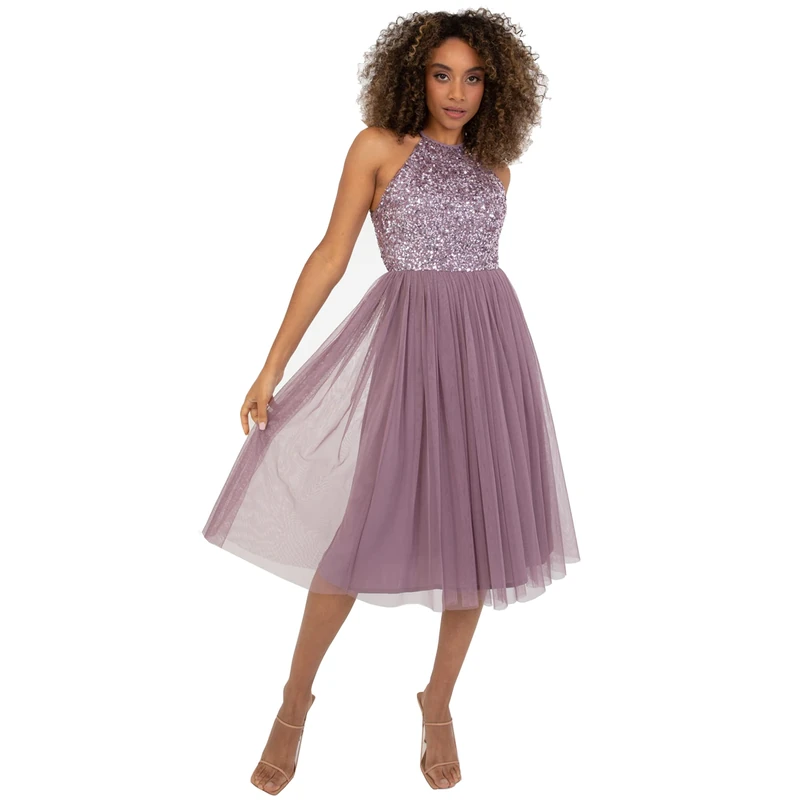 Maya Deluxe Women's Ladies Midi Dress with Halter Neck Tulle for Evening Graduation Prom Wedding Bridesmaids Ball Gown, Moody Lilac, 26
