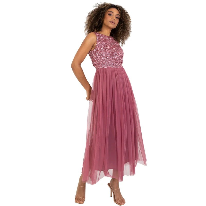 Maya Deluxe Midaxi Dress Women Ladies Sleeveless Sequins High Empire Waist Tulle Embellished for Wedding Guest Ball Dress for Bridesmaid Woman, Desert Rose, 8