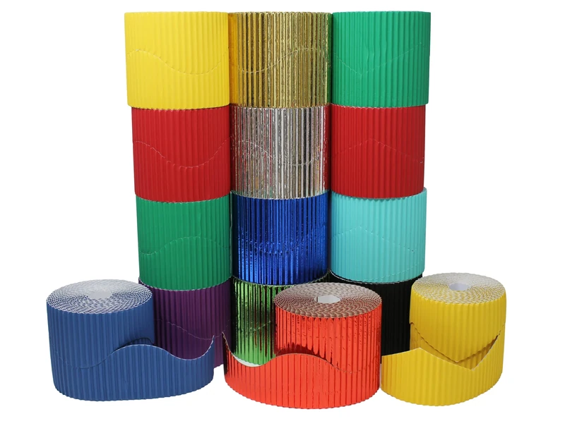 Bright Ideas PK15 Assorted Edge Corrugated Border Rolls School Displays Arts and Crafts, 15 Assorted Colour Rolls Including Metallic,10cm x 5m 80 & 120gsm, Wavy and Zig-Zag Design. BI8230.