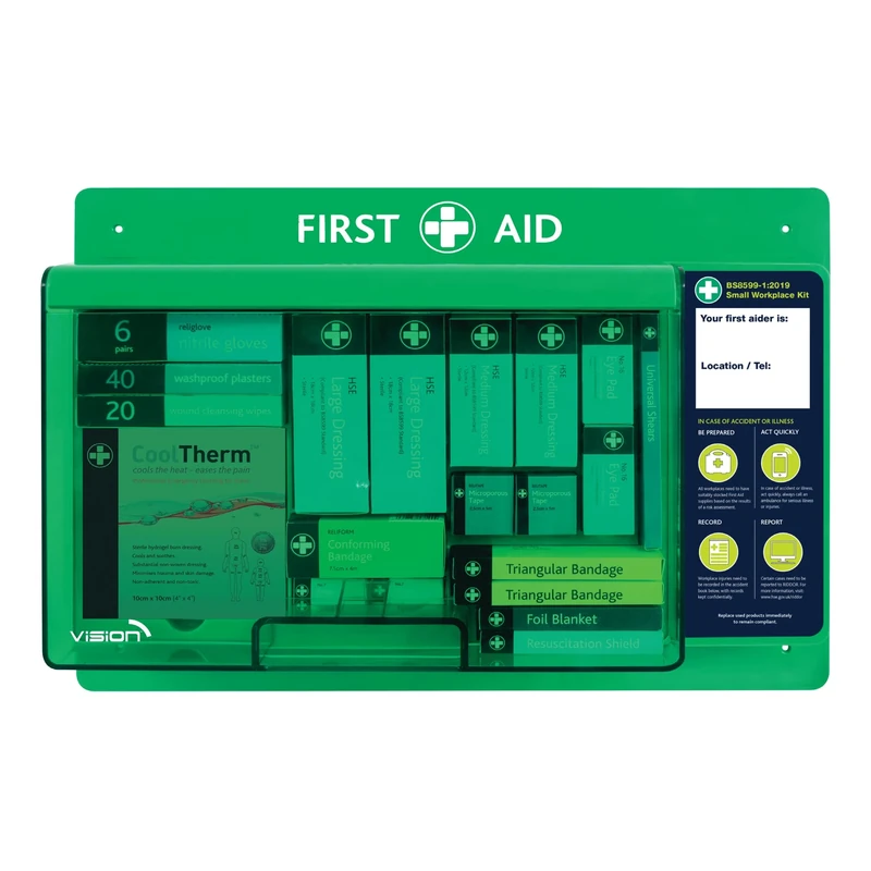 Vision - Small Workplace Kit in Vision Wall Station, Wall First Aid Kit with Dressings, Bandages, Plasters, Foil Blanket, Wipes, Tapes, Face Shields, Shears, Gloves (Green, Small Workplace)