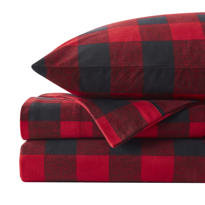 Sweet Home Collection Flannel Sheets Warm and Cozy Deep Pocket Breathable All Season Bedding Set with Fitted, Flat and Pillowcases, King, Buffalo Check Plaid Burgundy