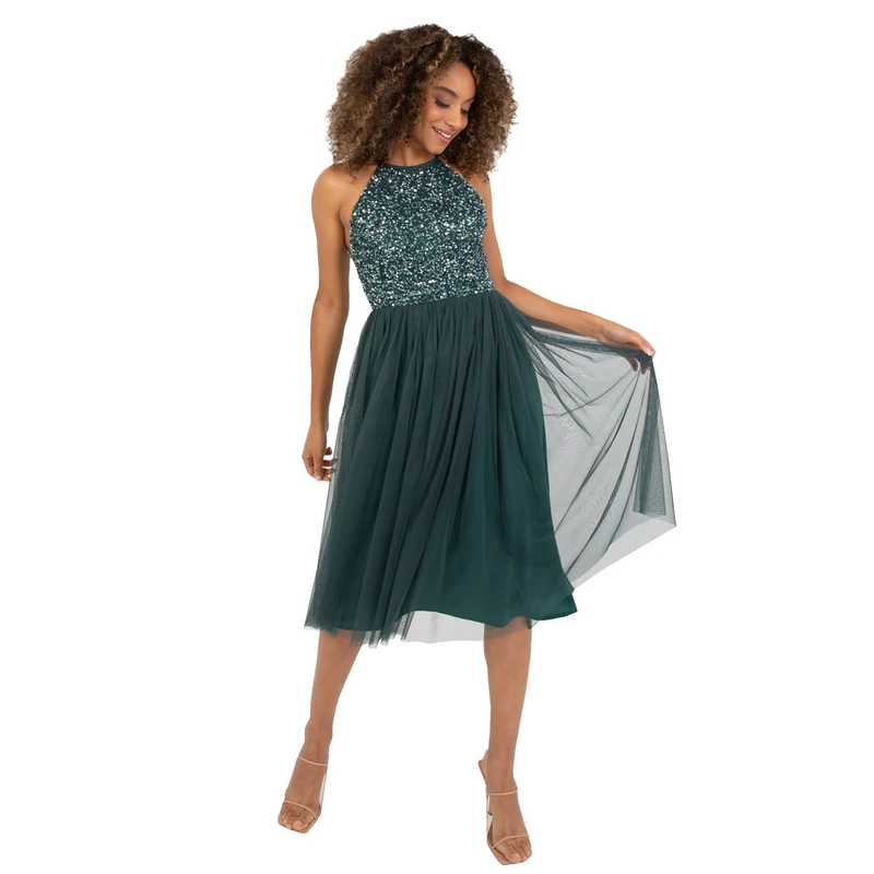 Maya Deluxe Women's Ladies Midi Dress with Halter Neck Tulle for Evening Graduation Prom Wedding Bridesmaids Ball Gown, Emerald Green, 20