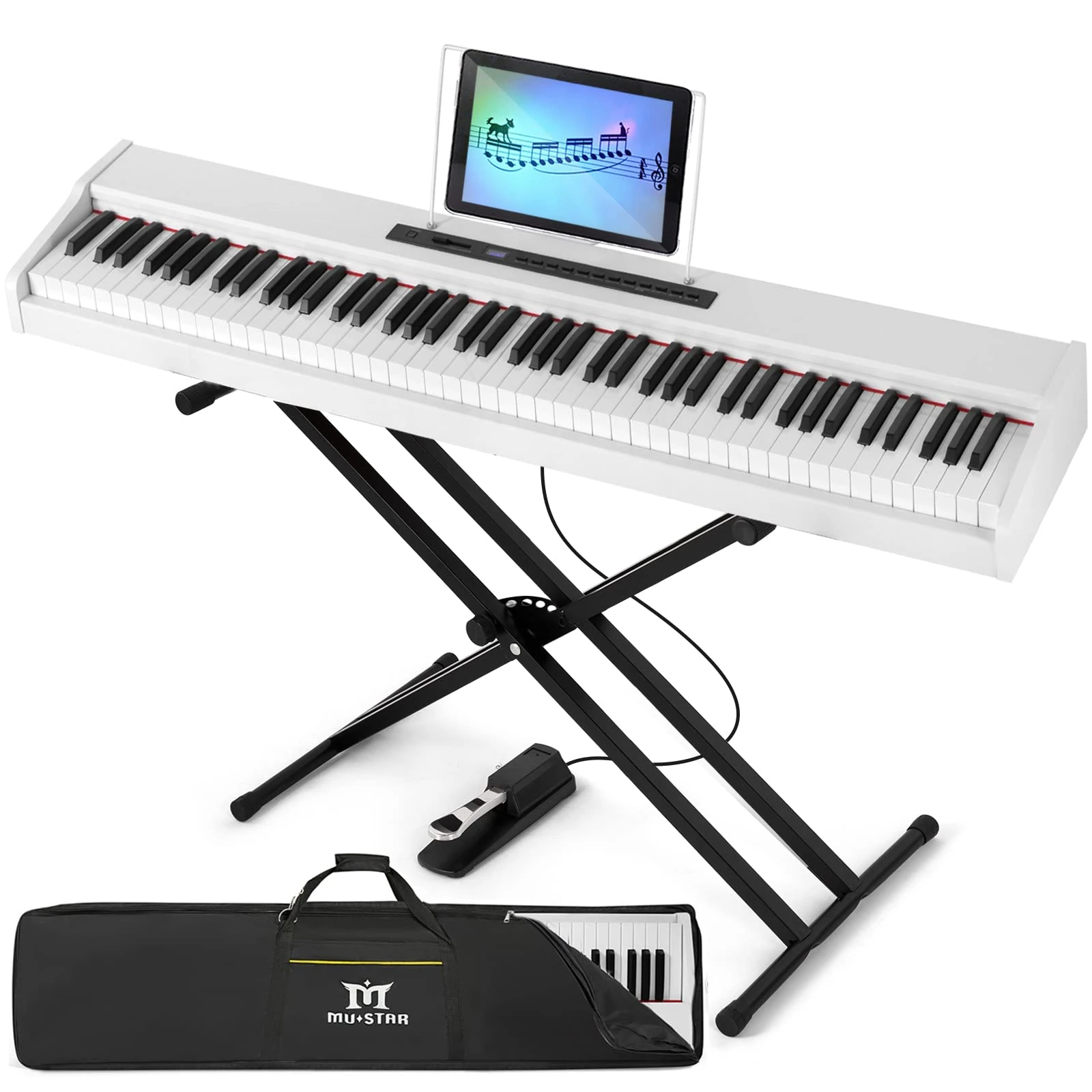 MUSTAR 88 Key Piano Keyboard Semi Weighted, Full Size Digital Piano 88 Weighted Keys for Beginners, Electric Piano Keyboard 88 Keys, Bluetooth Connection, USB/MIDI, Case, Sustain Pedal, White