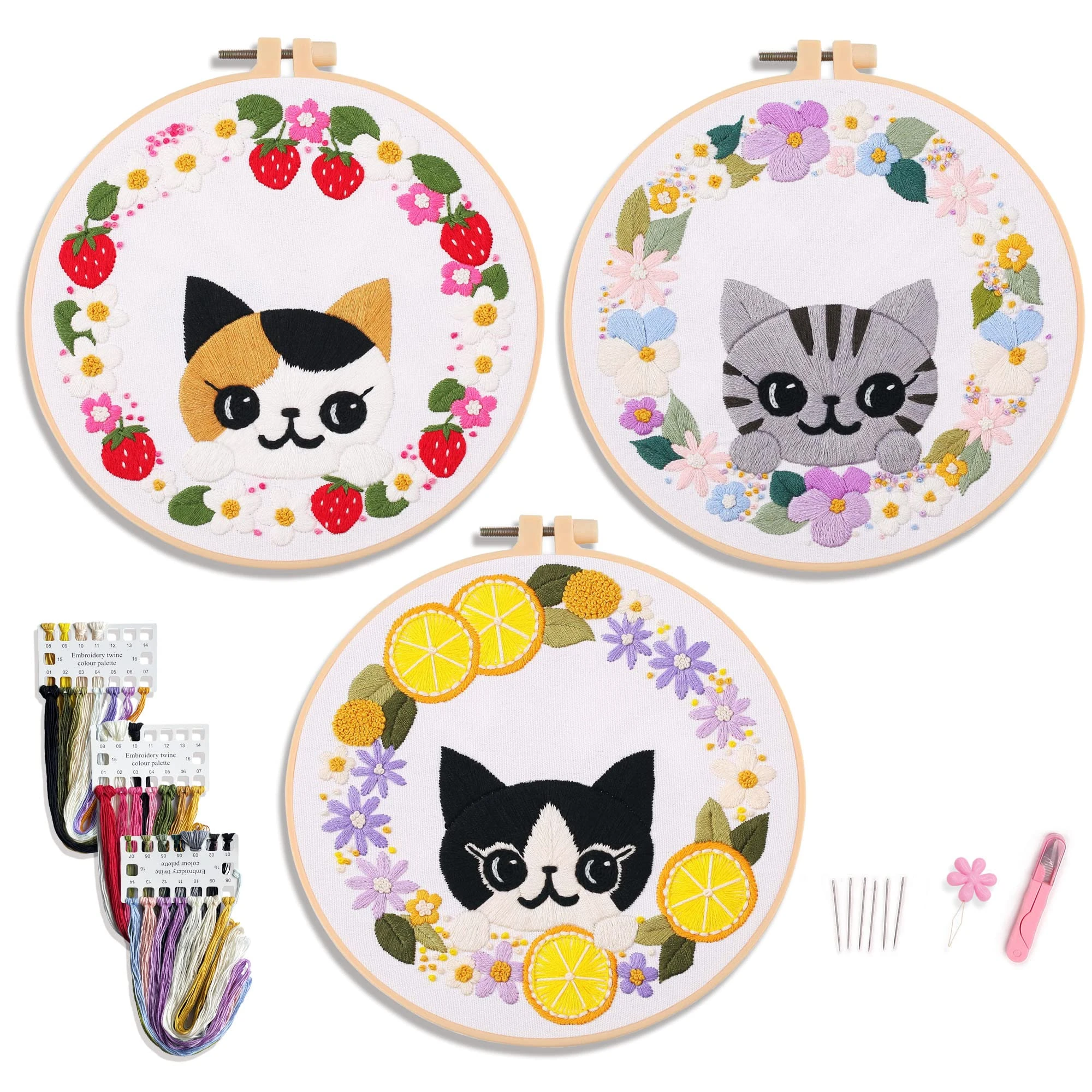 Myfelicity cat Pattern Embroidery kit, 3 Starter Set, Including 3 Embroidery Fabrics with Patterned, Embroidery Threads, Needles, Hoops and Instructions and Other Tools…