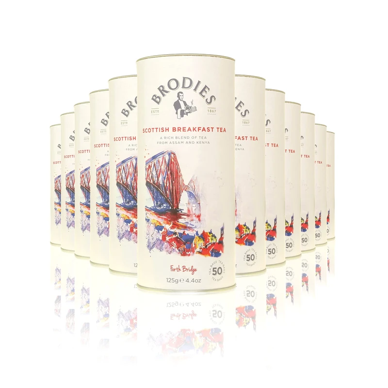 Brodies Scottish Breakfast Tea - 12 Drums of 50 Tea Bags (total of 600 Teabags) - British fine Blend of black Tea with a Malty Flavour from Assam and Kenya