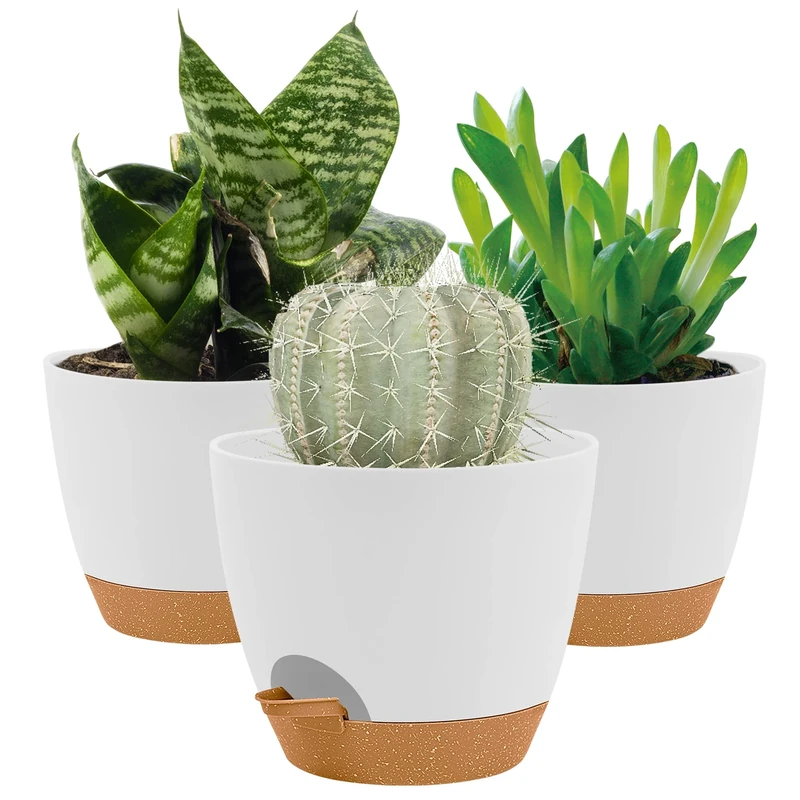 16.5CM Plant Pots Indoor,Self Watering Plant Pots of 3,Flower Pots with Drainage Holes and Trays,Decorative Modern Suitable for flowers,Snake Plant,Orchid,Lily, Aloe,Violet and House Plant(White)