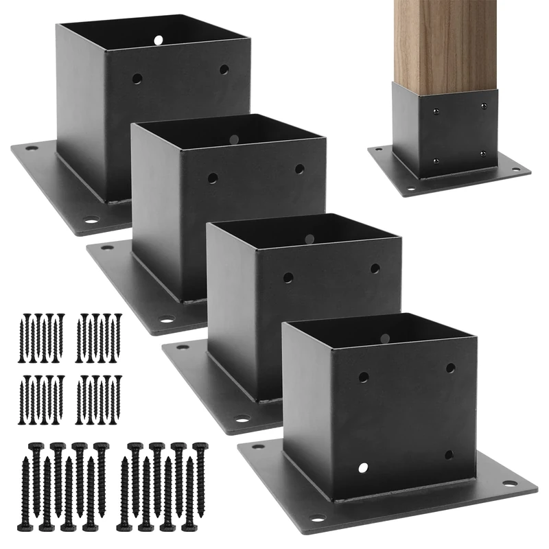 WHATWEARS 4 x 4 Post Base(Inner Size 3.6" x 3.6"), Heavy-Duty Steel Post Anchor, Deck Post Base Brackets with Black Metal Coated, with Screws, for Deck Railing Pergola Brackets Fence (4 Pack)