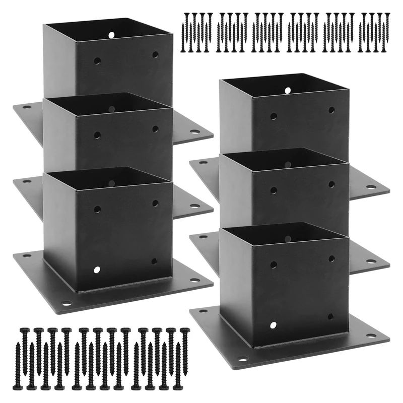 WHATWEARS 4 x 4 Post Base(Inner Size 3.6" x 3.6"), Heavy-Duty Steel Post Anchor, Deck Post Base Brackets with Black Metal Coated, with Screws, for Deck Railing Pergola Brackets Fence (6 Pack)